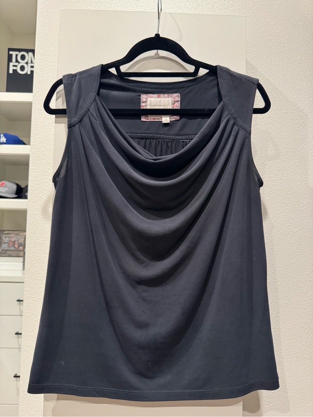 Anthropologie Navy Blue Draped Cowl Neck Sleeveless Top